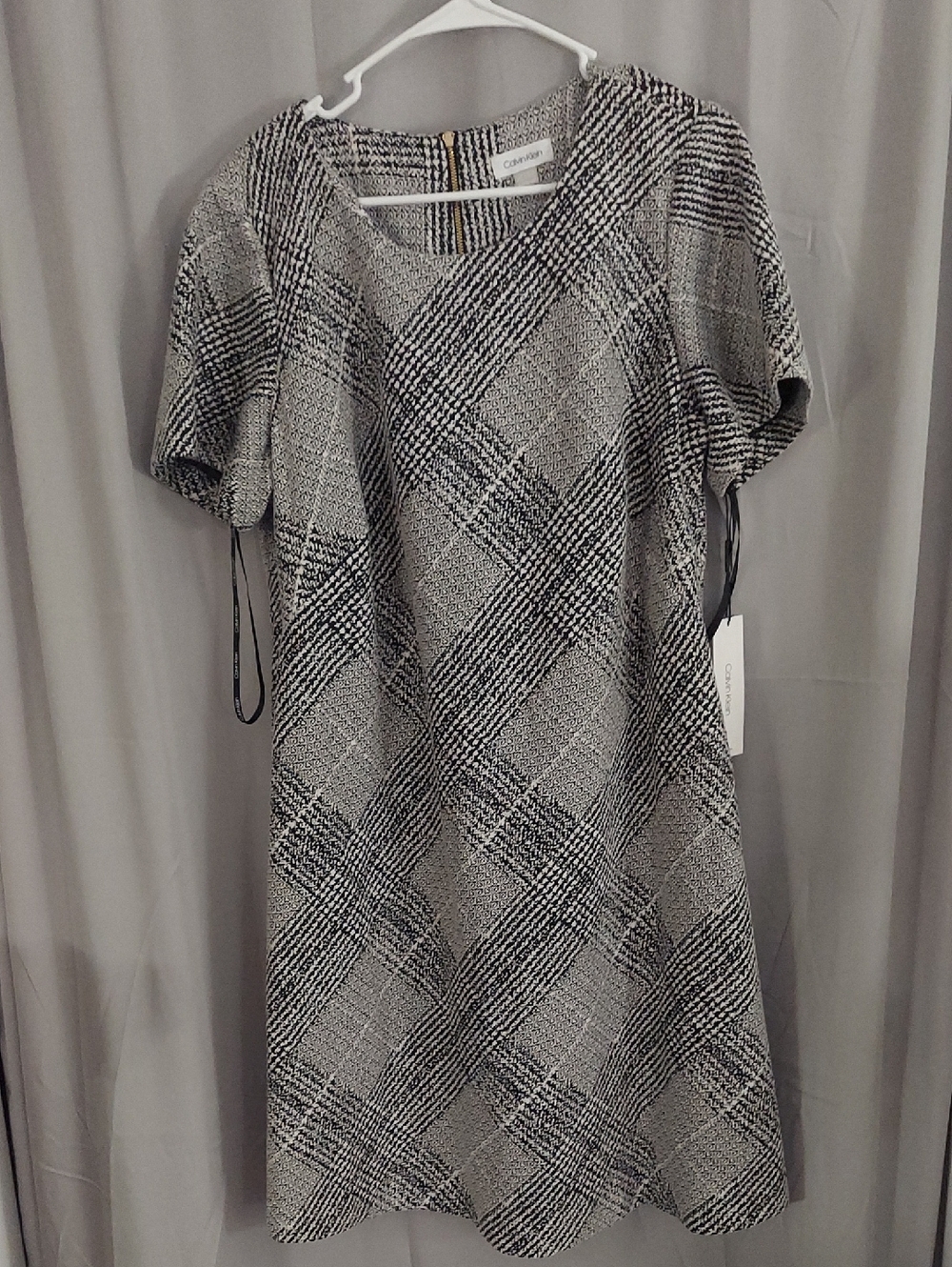 Calvin Klein White and Black Plaid Short Sleeve Dress